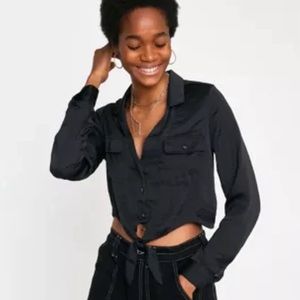 Urban Outfitters Cropped Satin Tie Front Button Down Shirt